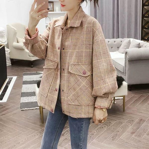 

women's wool & blends fall winter pink striped windproof sleeve short woolen jacket 202 fashion casual loose retro lapel women, Black