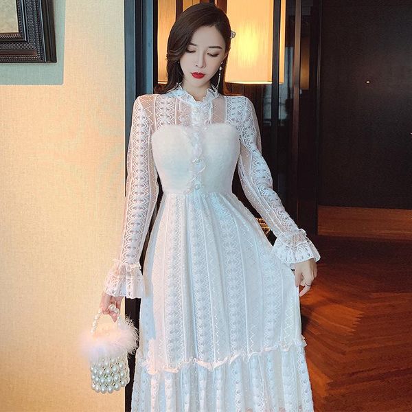 

casual dresses lace dress female 2021 spring korean version of the gentle wind super fairy waist temperament long bottoming, Black;gray