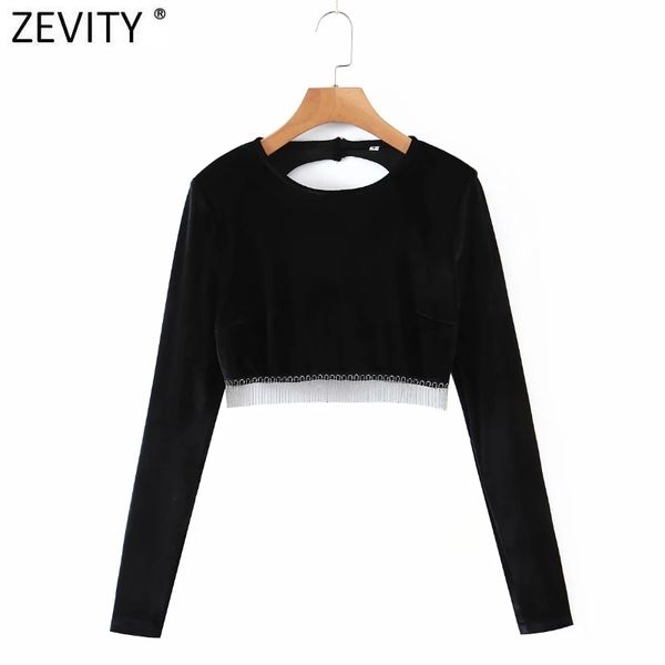 

zevity women o neck hem tassel velvet short chic t shirt ladies long sleeve backless casual slim crop ls7410 210419, White