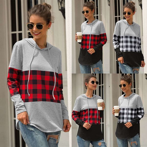 

casual dresses ins women's autumn plaid stitched hoodie, Black;gray