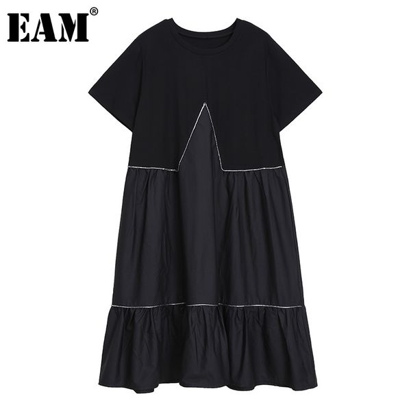 

[eam] women black ruffle pleated slit casual dress round neck short sleeve loose fit fashion spring summer 1dd8158 210512, Black;gray