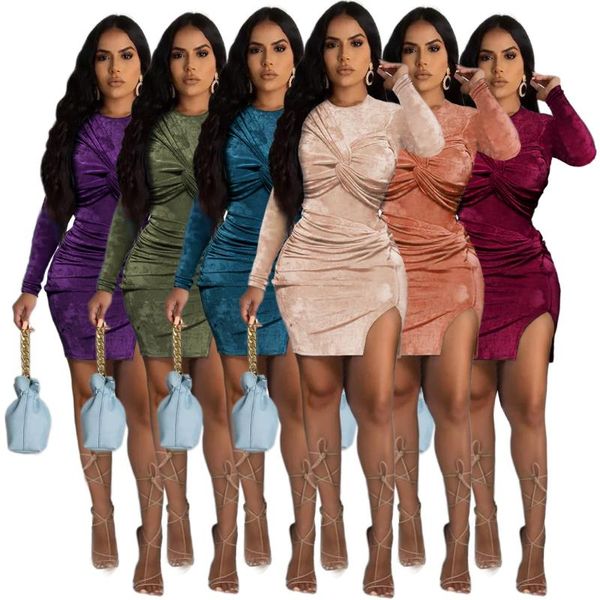 

casual dresses 9gl6518 autumn winter women fashion velvet chain jacket knotted and split dress vestidos plus size, Black;gray
