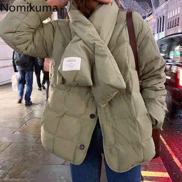 Nomikuma coreano chique parkas solto grossa pão quente casacos de inverno roupas mulheres cachecol design casual all-match jackets senhoras 3d639 210514