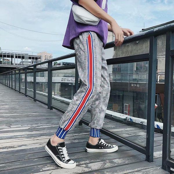 

fashion men england style striped pants male long pencil joggers casual trousers drawstring side stripe slacks men's, Black