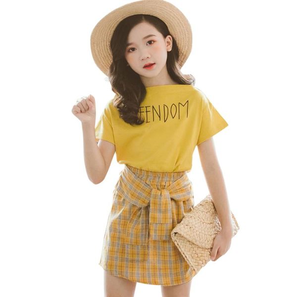 

teen girls clothing letter costume for tshirt + plaid skirt kids clothes summer tracksuit sets, White