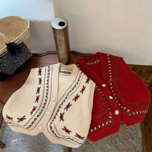 Autunno neonate cardigan lavorato a maglia gilet stile coreano ricamo floreale senza maniche cappotti bambini bambini retrò gilet 211203