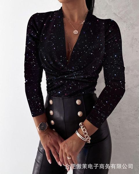 

women's t-shirt sequins v-neck womens t-shirts spring autumn long sleeve solid color casual sell women designer, White