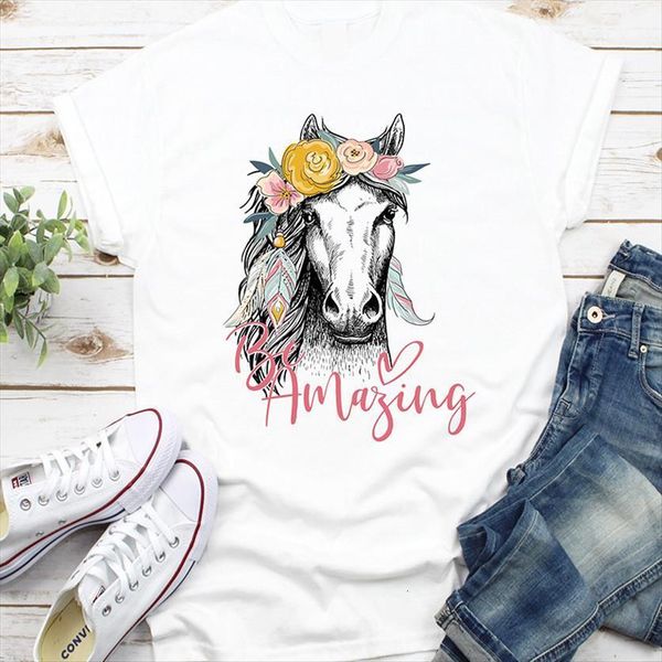 

cartoon horse print summer wild women t shirt short sleeved harajuku graphic casual funny, White