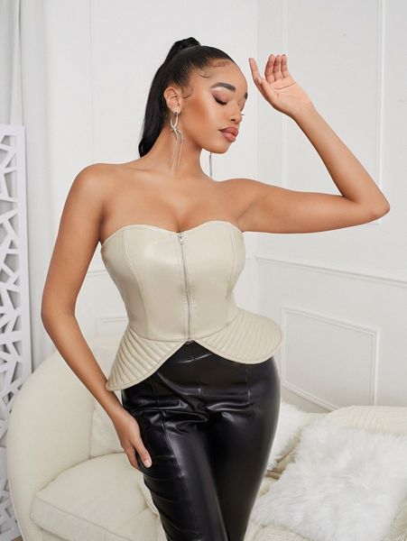 

sxy ruffle hem zip up pu leather e9nj#, White