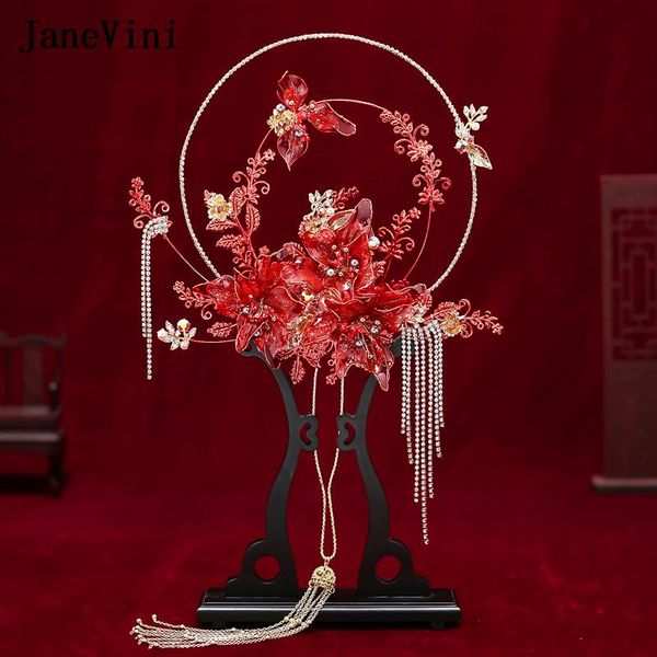 

wedding flowers janevini luxury bridal hand bouquet fan type metal leaves artifcial bling beaded tassel chinese bride holder