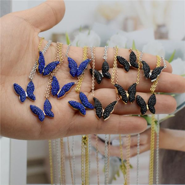 

pendant necklaces wholesale 10pcs rose gold cz blue butterfly pendants necklace for women bijoux femme stainless steel chain bridesmaid gift, Silver