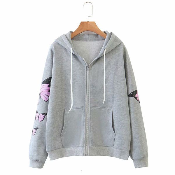 

shorts long sleeve butterfly print hooded loose chic women's grey drawstring pocket holiday female sweatshirt, White;black