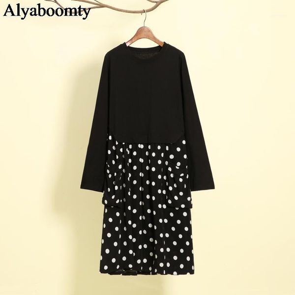 

casual dresses 2021 plus size korean spring autumn women dress o neck patchwork polka dot black loose cotton oversized chic, Black;gray