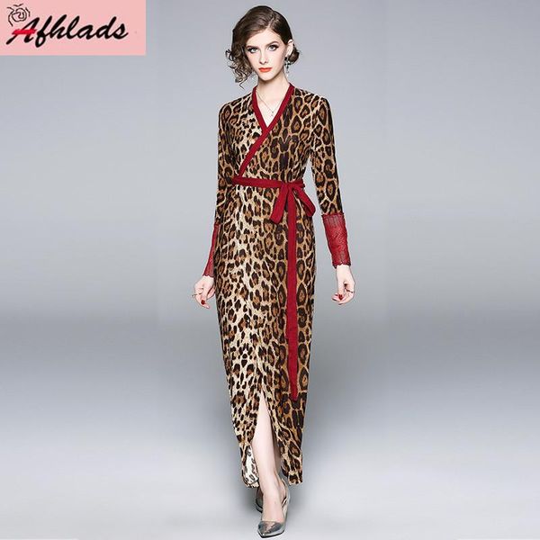 

casual dresses european station autumn brand women's leopard print v-neck style slim thin lace patchwork cardigan bodycon maxi dress, Black;gray