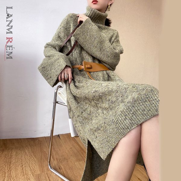 

early spring turtleneck long-sleeved knee-length loose all-match fashion streetwear knitted dress for women 2a3151 210507, Black;gray