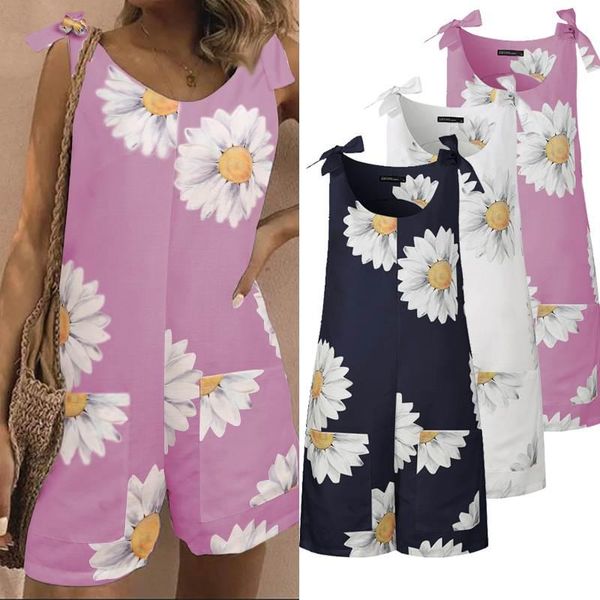

women floral print beach jumpsuits sleeveless lace up summer playsuits pockets casual overalls femme plus size 5xl women's & rompers, Black;white