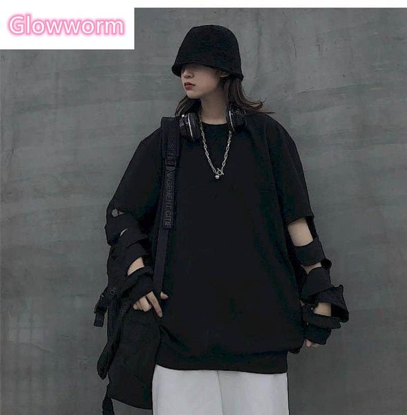 

high street tshirt women t shirt couple hip hop loose hollow black long sleeve student gothic punk clothes plus fashion korean women's, White