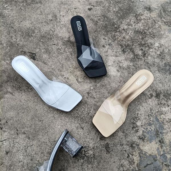 

slippers high-heeled shoes lady ladies' jelly slides square heel cross-tied big size transparent glitter block pu rubber, Black