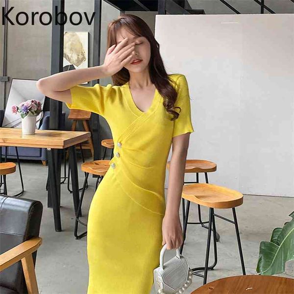 

korobov vintage solid v neck short sleeve dress slim elegant button irregular knitted dresses korean knitted summer dress 210430, Black;gray
