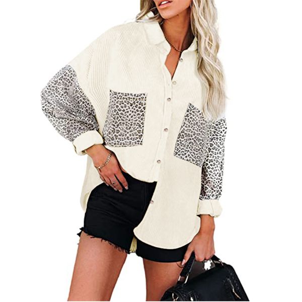 

women loose blouses lapel neck long sleeve button down leopard casual shirts, White