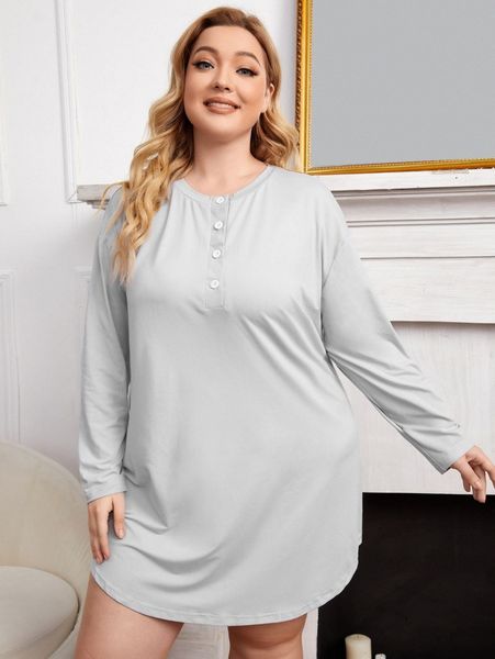 

plus drop shoulder curved hem night dress k9rn#, Black;white