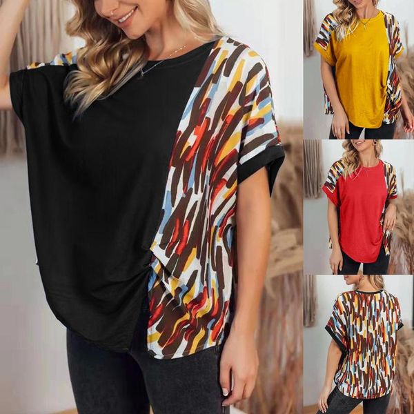 

women's t-shirt short sleeve round neck loose stitching print split casual summer tshirt ladies women graphic female tee, White