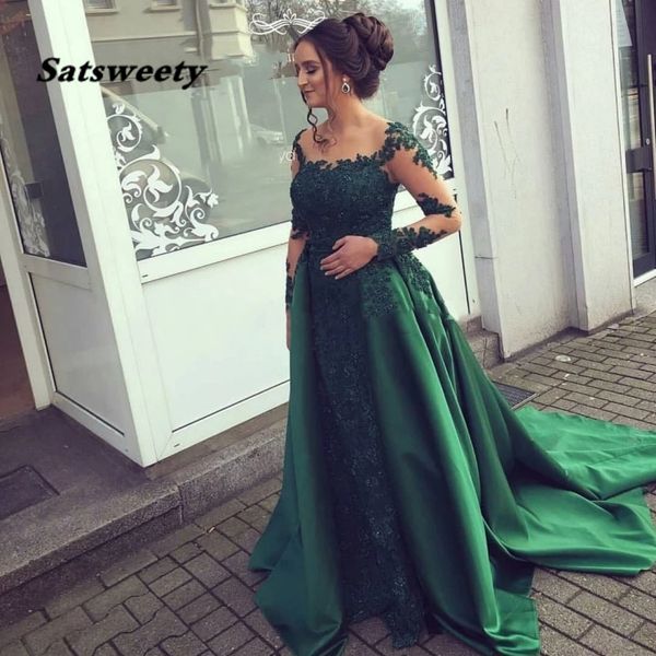 Smaragdgrünes Abendkleid Spitze mit langen Ärmeln Abendkleid Chiffon Applikationen Frauen Partykleider Mutter der Braut Vestidos De Fiesta