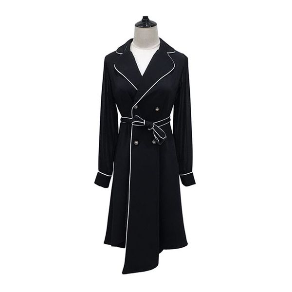 

woman elegant black white office lady button notched collar long sleeve knee length work dress chiffon d0760 210514, Black;gray