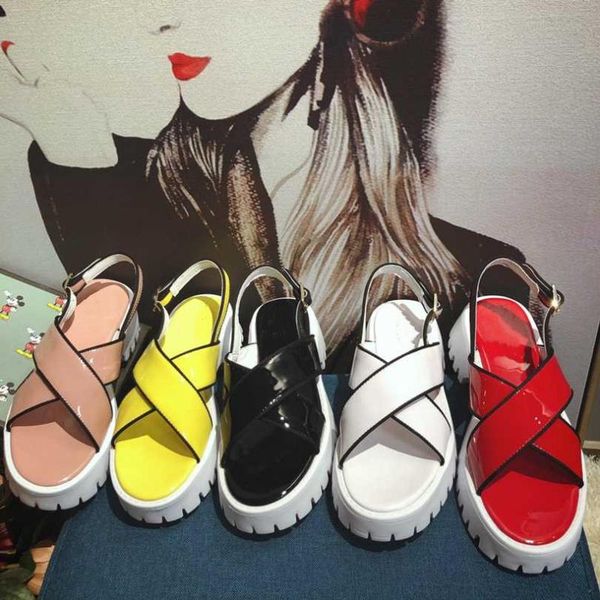 

sandals european and american summer fish mouth sponge cake female fairy style patent leather cross roman platform women shoes, Black