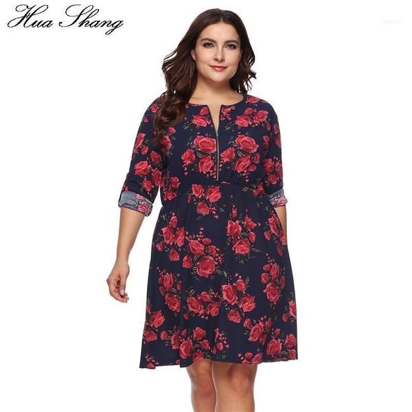 

rose floral summer dress women zipper o neck three quarter sleeve casual tunic knee length plus size short mini dresses1, Black;gray