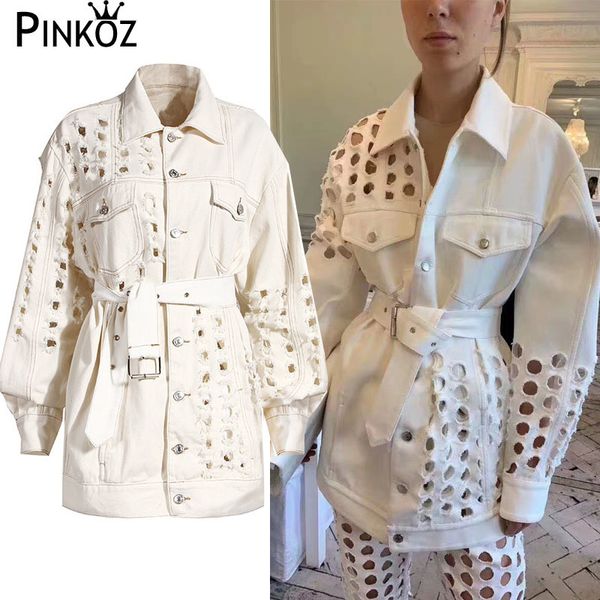 

chic casual hollow out denim coat for women lapel long sleeve with sashes loose jacket female autumn clothing za 210421, Black;brown