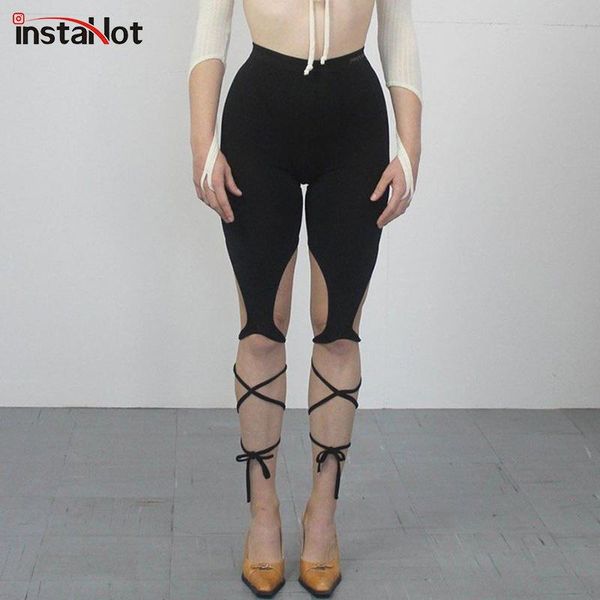 

women's leggings insta women asymmetrical lace up solid legging casual mid waist pants 2021 tight female spandex stretchy trousers, Black
