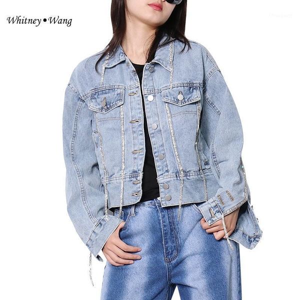 

women's jackets whitney wang 2021 spring autumn fashion streetwear diamonds tassel high waist denim coat women stylish jean jacket, Black;brown