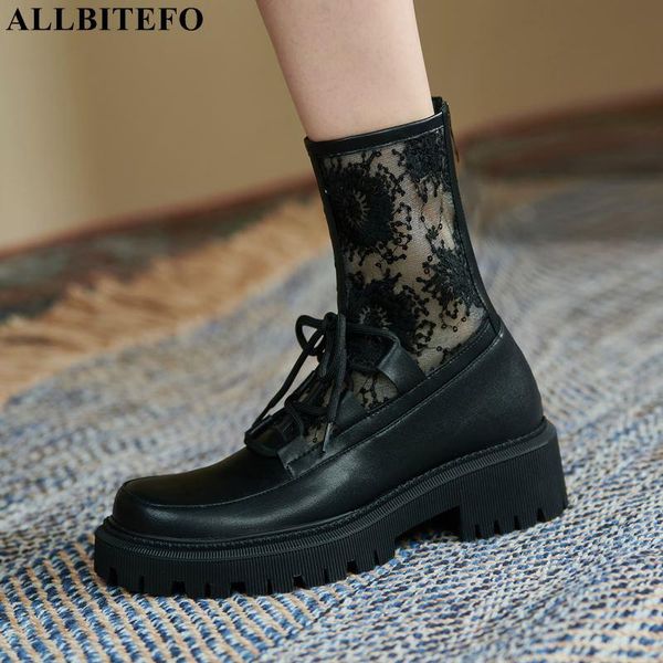 

boots allbitefo lace design non-slip real genuine leather women autumn winter waterproof shoes fashion girls ankle, Black