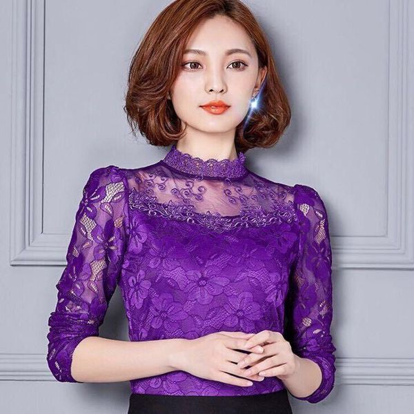 

women's blouses & shirts 2021 ruffles lace women blouse plus size hollow out see-through lady elegant solid bottoming, White