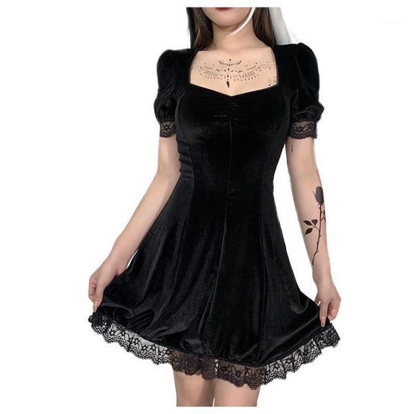 

women gothic dress high waist suede a-line mini square neck lace trim black party 2021 vestido verano casual dresses, Black;gray