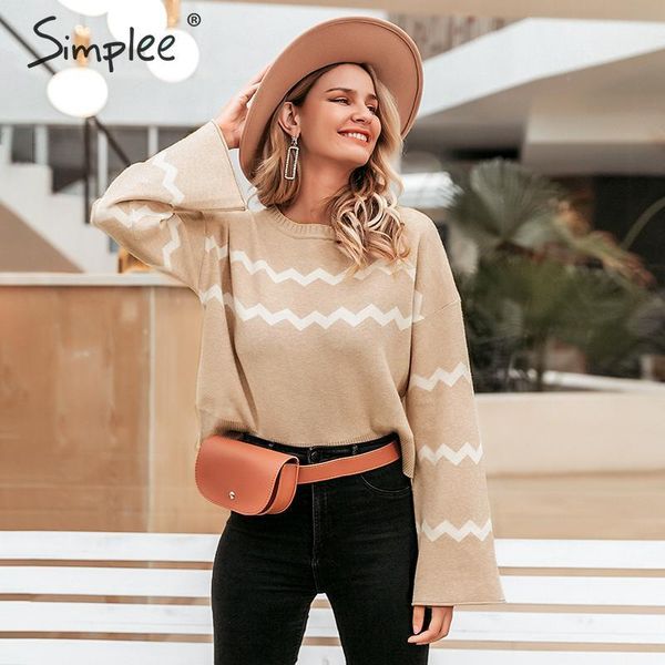 

o-neck women pullover autumn winter flare sleeve female stripe print casual ladies jumper sweater 210414, White;black