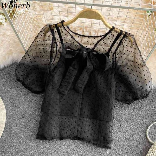 Chiffon Bluse Frauen Puff Sleeve Übersehen Durch Tupfen Mesh Cover Up Hemd mit Weste Damen Korean Sweet Top Blusa 210519