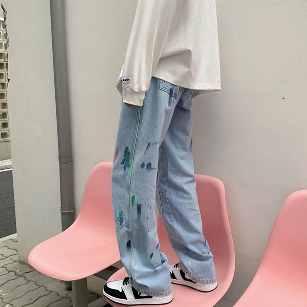 

men's jeans 2021 loose printing straight pants baggy homme casual cargo pocket biker denim streetwear trousers size s-2xl, Blue