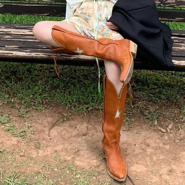

boots western cowboy women's knee high retro brown shoes med heels a7, Black
