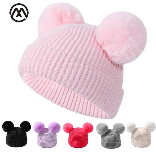 

children's winter hat cap pompom beanie boy/girl warm knit hats double kid cute solid color cotton innocent caps &, Yellow