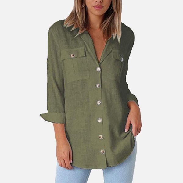 

collar women's shirts female casual chiffon blouses classic summer long sleeve deep v neck solid 2021 buttons pockets turn down &, White