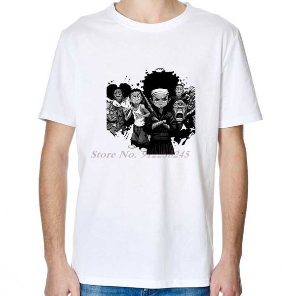 

men's t-shirts summer t-shirt the boondocks sitcom cartoon logo graphic short-sleeved fashion streetwear clothing, White;black