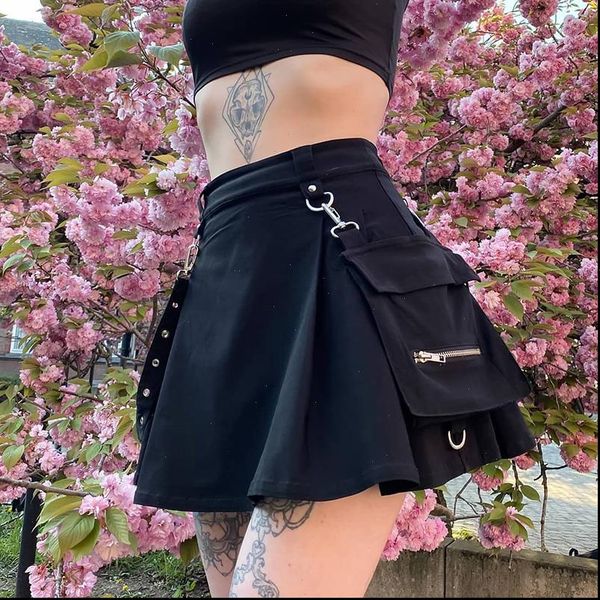 

women skirt patchwork bandage mini harajuku punk gothic black high waist skirts female streetwear summer
