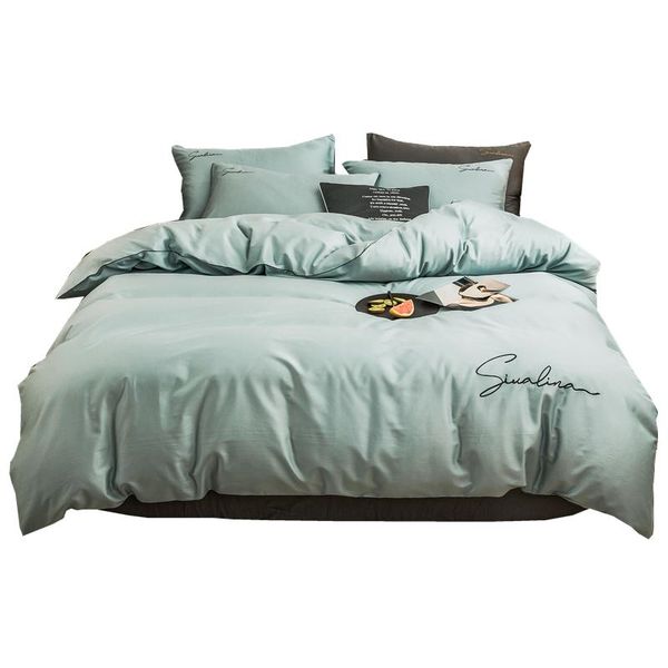 

bedding sets 2021 four-piece simple cotton double household bed sheet quilt cover embroidered piping comfortable pea green