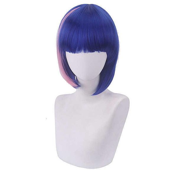 

12inch lace main santa assassin cosplay coke short hair mixed with blue wig, Black
