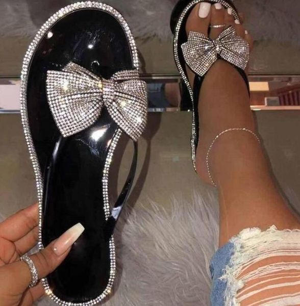 

2021 summer trendy fashion slippers female color diamond bow flat sandals, Black