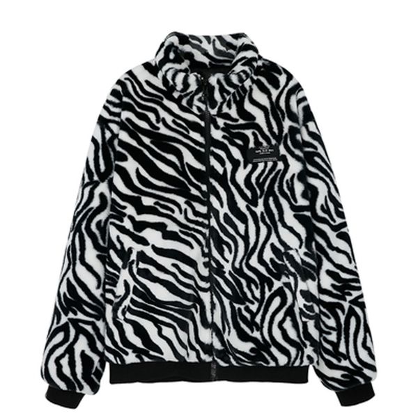 

women white black faux fur jacket outwear zipper warm thick zebra c0462 210514