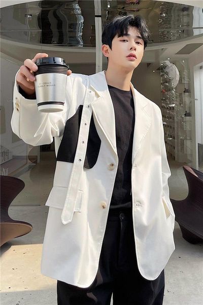 

spring trend fashion personality design black and white color contrast blazer hombre casual stage costumes for singers men's suits & bl, White;black