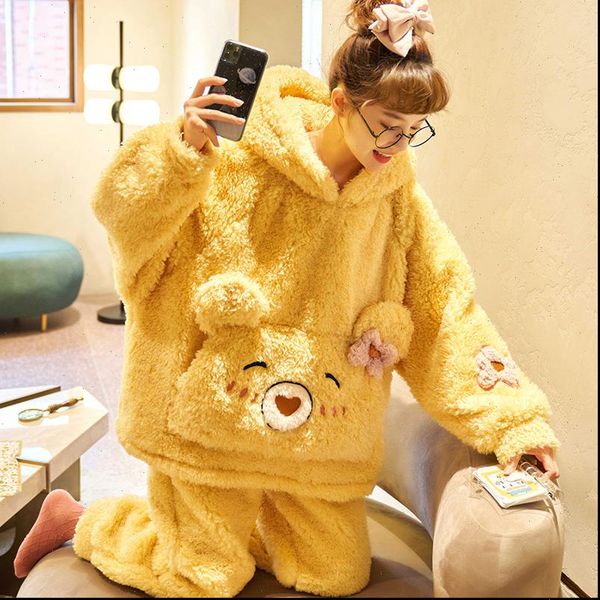 

winter pyjamas cartoon coral women sleepwear velvet pajamas add fleece and thicken hooded plush plus size xxl, Black;red
